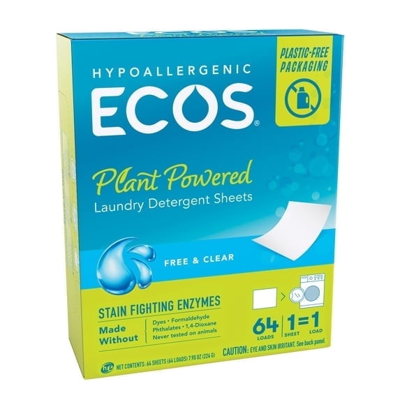 (2 pack) ECOS Laundry Detergent Sheets with Stain Fighting Enzymes, Free & Clear, 64 Loads