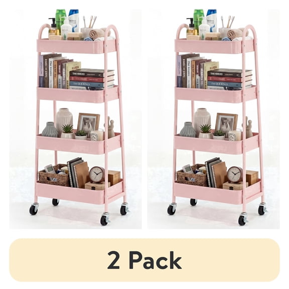 (2 pack) EDX 4-Tier Rolling Cart, 132 lbs Metal Utility Cart Storage Organizer with Lockable Casters, Multi-Functional Mesh Rolling Storage Cart for Kitchen Office, Pink