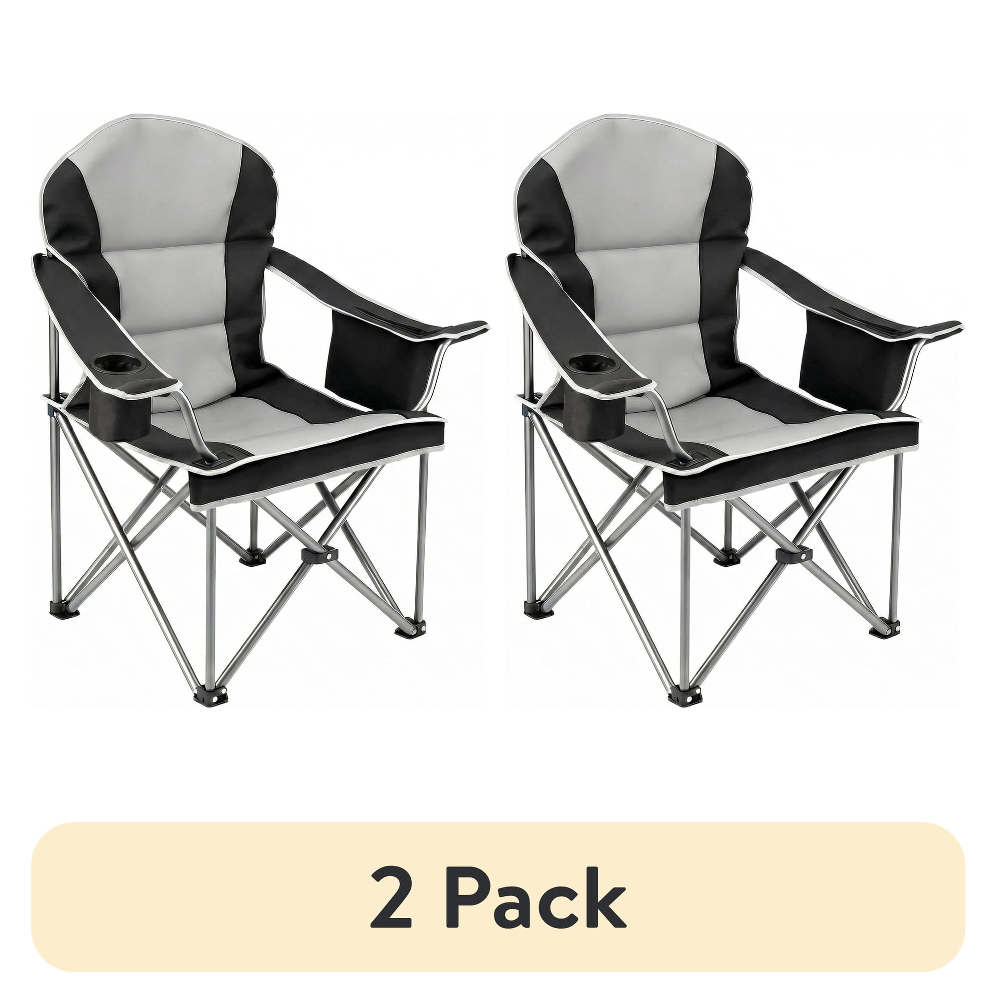 (2 pack) EDX Heavy Duty Camping Chair 500 lb Capacity, Oversized Extra Wide for Adults, Padded High Back Folding Lawn Chair, 500 lbs Steel Frame, Portable Outdoor Camping Chair with Cup Holder, Black Gray