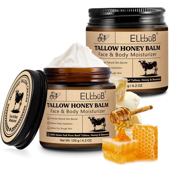 (2 pack) ELBBUB Tallow & Honey Balm Face Moisturizer 120g, Skin Care Cream for Face and Body, Deep Hydration