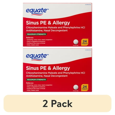 (2 pack) Equate Maximum Strength Sinus PE & Allergy Medicine, 24 Tablets