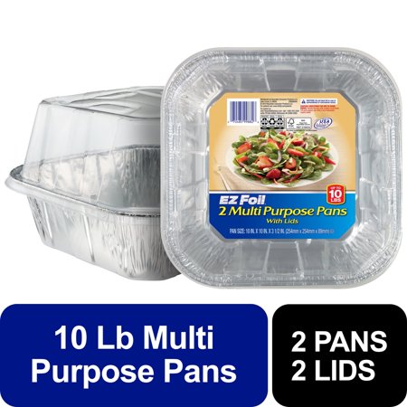 (2 pack) EZ Foil Multi Purpose 10 LB Roaster Disposable Aluminum Roasting Pans with Lids, 10 x 10 x 3.5 in.