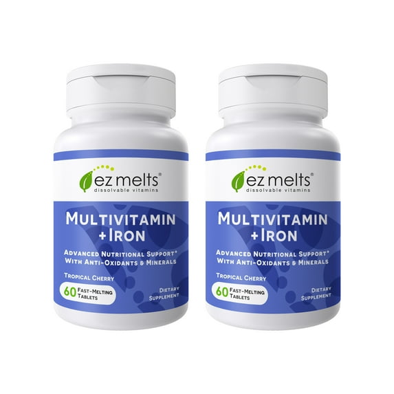 (2 pack) EZ Melts Dissolvable Multivitamin with Iron for Women and Men, Sugar-Free, 1-Month Supply - 2 Pack