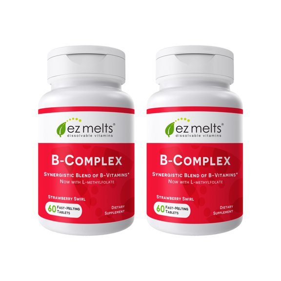 (2 pack) EZ Melts Dissolvable B-Complex - Vitamin B Complex - Provides Energy Metabolism & Heart Health Support - With Methylated B12 & Folate - Non-GMO & Vegan - Strawberry Swirl - 60 Tablets (60 Servings)