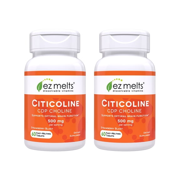 (2 pack) EZ Melts Citicoline - Brain Health & Memory Support Supplement - No Artificial Flavors - Non-GMO & Vegan - Strawberry Blast - 60 Dissolvable Tablets (30 Servings)