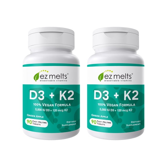 (2 pack) EZ Melts Dissolvable Vegan Vitamin D3 & K2 5,000 IU - Immune, Bone & Heart Health Support - Non-GMO - Green Apple - 90 Dissolvable Tablets