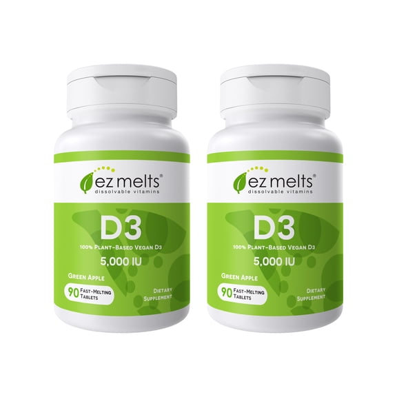(2 pack) EZ Melts Dissolvable Vitamin D3 5,000 IU - Vegan Vitamin D Supplement for Bone & Teeth Support - No Artificial Flavors - Plant-Based & Non-GMO - Green Apple - 90 Dissolvable Tablets (90 Servings)