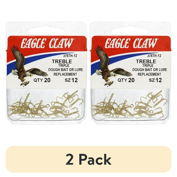 (2 pack) Eagle Claw 376A-12 2X Treble Hook, Gold, Size 12, 5 Pack