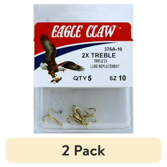 (2 pack) Eagle Claw 376AH-10 2X Treble Hook, Gold, Size 10, 5 Pack
