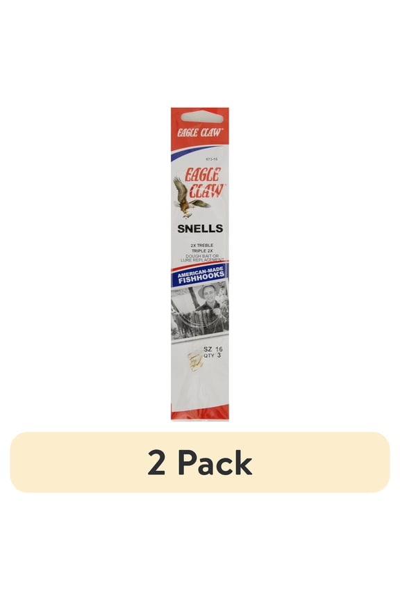 (2 pack) Eagle Claw 673H-16 Snelled 2X Treble Hook, Gold, Size 16, 3 Pack