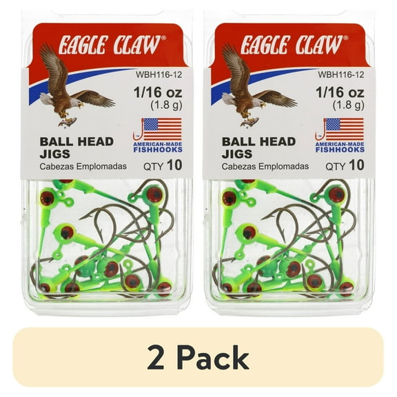 (2 pack) Eagle Claw Ball Head Fishing Jig, Lime & Chartreuse with Red Eye, 1/16 oz., 10 Count