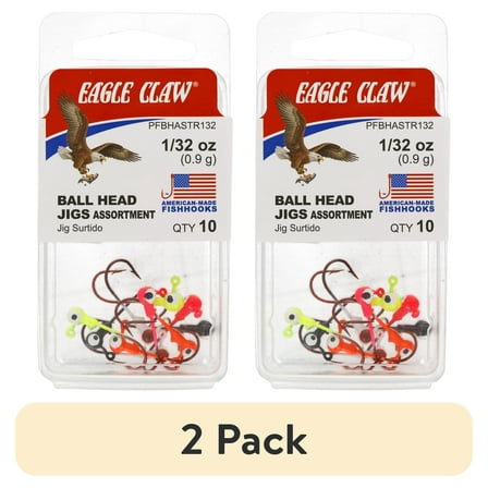 (2 pack) Eagle Claw Ball Head Fishing Jig, Unpainted with Red Hook, 1/32 oz., 10 Count
