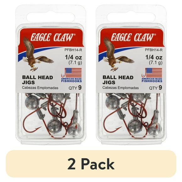 (2 pack) Eagle Claw Ball Head Fishing Jig, Unpainted with Red Hook, 1/4 oz., 10 Count