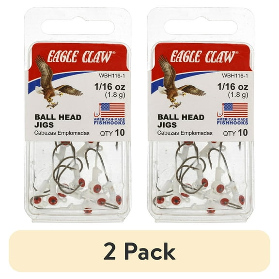 (2 pack) Eagle Claw Ball Head Fishing Jig, White with Red Eye, 1/16 oz., 10 Count