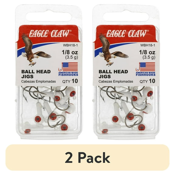 (2 pack) Eagle Claw Ball Head Fishing Jig, White with Red Eye, 1/8 oz., 10 Count