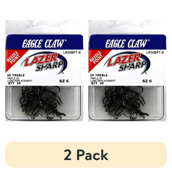 (2 pack) Eagle Claw Lazer Sharp 3X Treble Regular Shank Round Bend Fishing Hooks, Black, Size 6, (20 Pack)