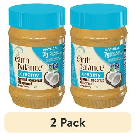 (2 pack) Earth Balance Creamy Peanut and Coconut Oil Spread, Peanut Butter Alternative, 16 oz Jar