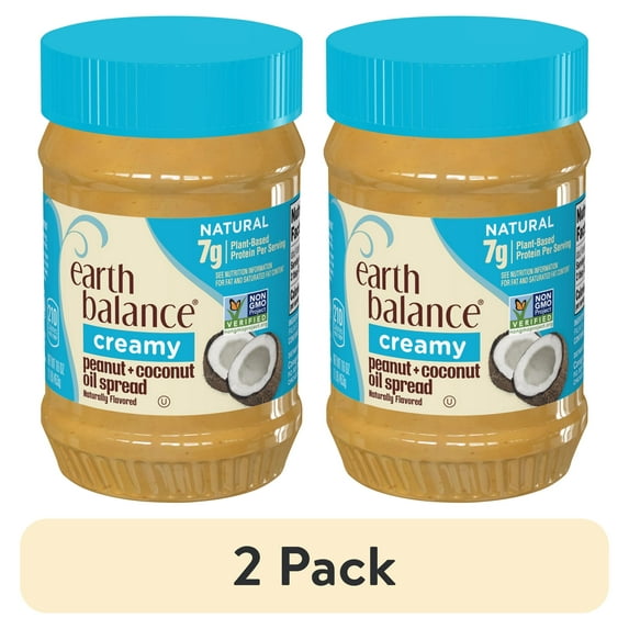 (2 pack) Earth Balance Creamy Peanut and Coconut Oil Spread, Peanut Butter Alternative, 16 oz Jar