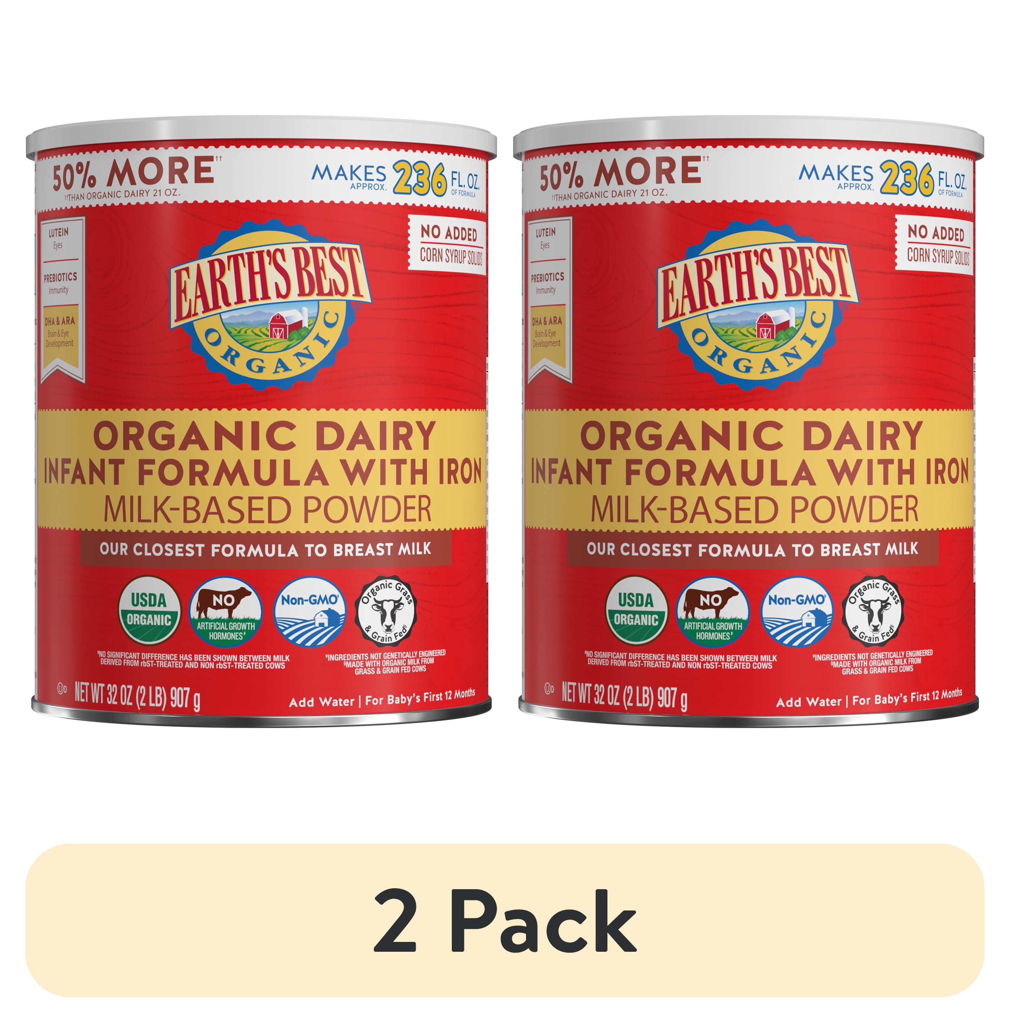 (2 pack) Earth's Best Organic Dairy Powder Baby Formula with Iron DHA & ARA, 32 oz Canister