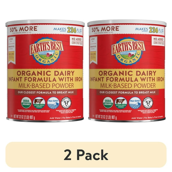 (2 pack) Earth's Best Organic Dairy Powder Baby Formula with Iron DHA & ARA, 32 oz Canister