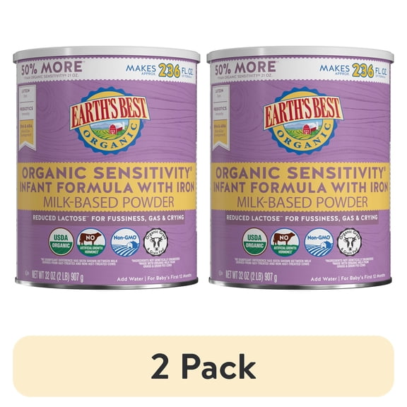 (2 pack) Earth's Best Organic Sensitivity Powder Baby Formula with Iron DHA & ARA, 32 oz Canister