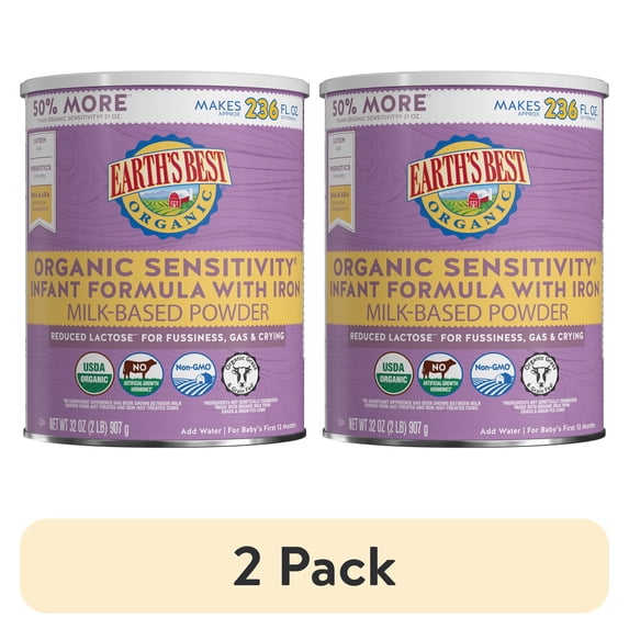 (2 pack) Earth's Best Organic Sensitivity Powder Baby Formula with Iron DHA & ARA, 32 oz Canister