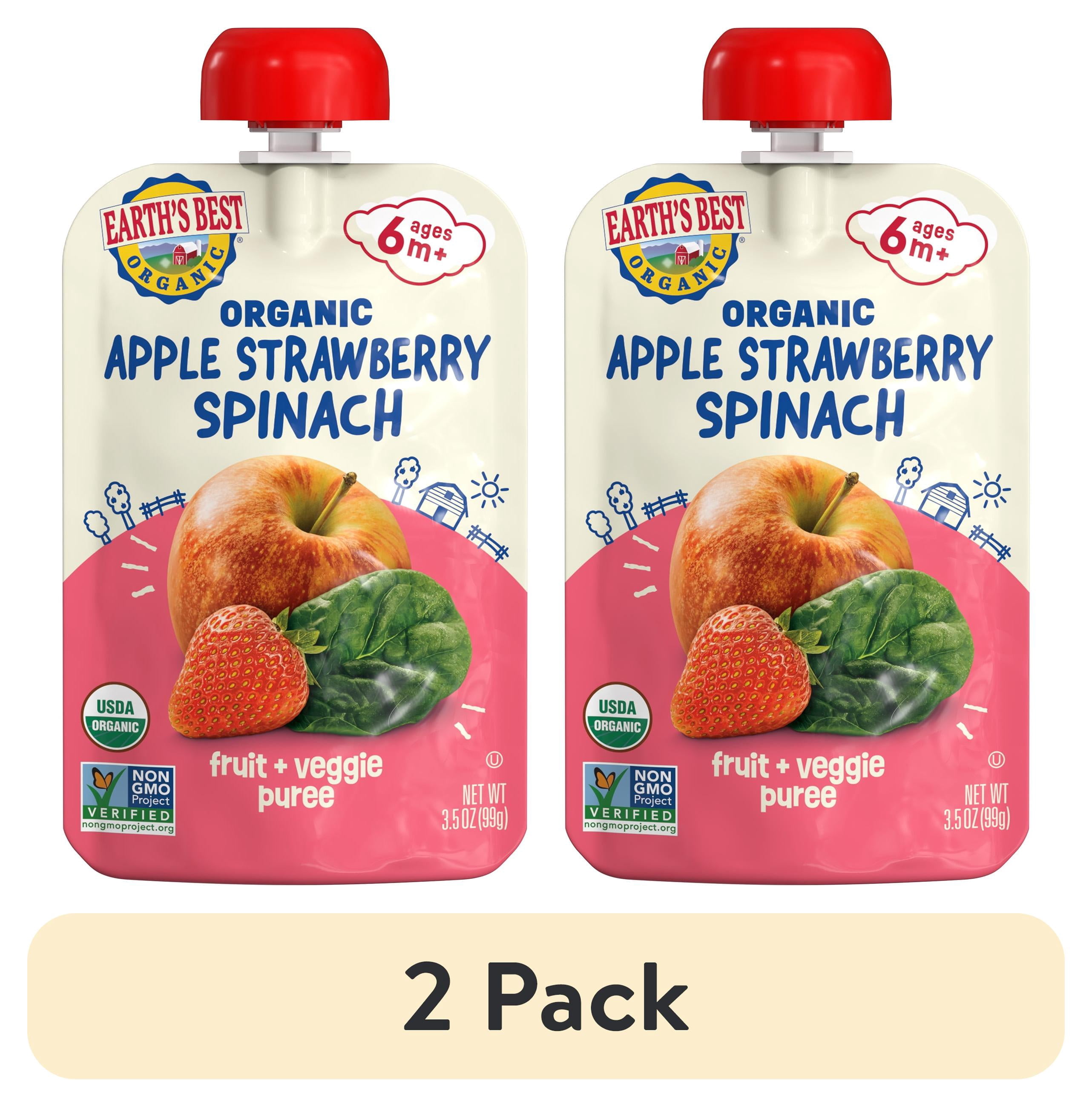 (2 pack) Earth's Best Organic Stage 2 Baby Food, Apple Strawberry Spinach Fruit & Veggie Puree, 3.5 oz Pouch
