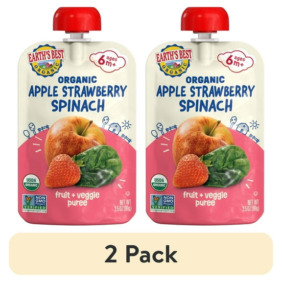 (2 pack) Earth's Best Organic Stage 2 Baby Food, Apple Strawberry Spinach Fruit & Veggie Puree, 3.5 oz Pouch