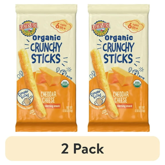 (2 pack) Earth's Best Organic Teething Crunchy Sticks Cheddar Cheese Puffed Baby Snack, 0.56 oz Bag