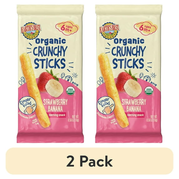 (2 pack) Earth's Best Organic Teething Crunchy Sticks Strawberry Banana Puffed Baby Snack, 0.56 oz Bag