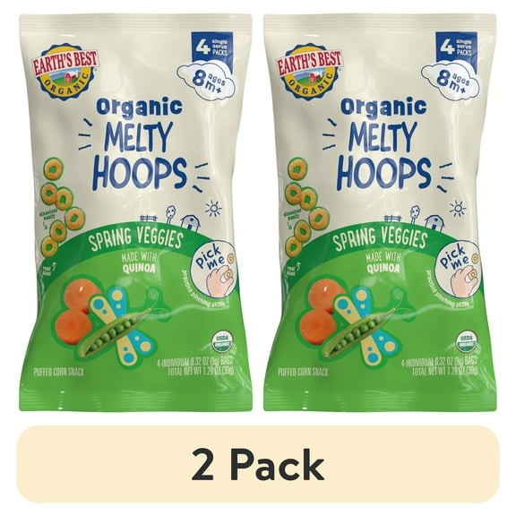 (2 pack) Earth's Best Organic Bite-Size Melty Hoops Spring Veggies Puffed Baby Snack, 0.32 oz Bags (4 Pack)
