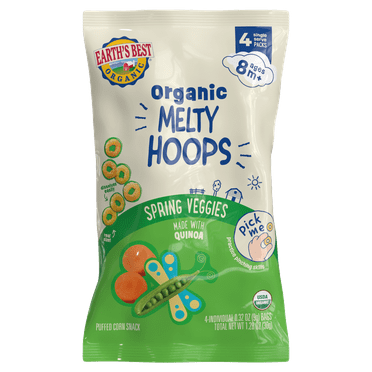 (2 pack) Earth's Best Organic Bite-Size Melty Hoops Spring Veggies Puffed Baby Snack, 0.32 oz Bags (4 Pack)