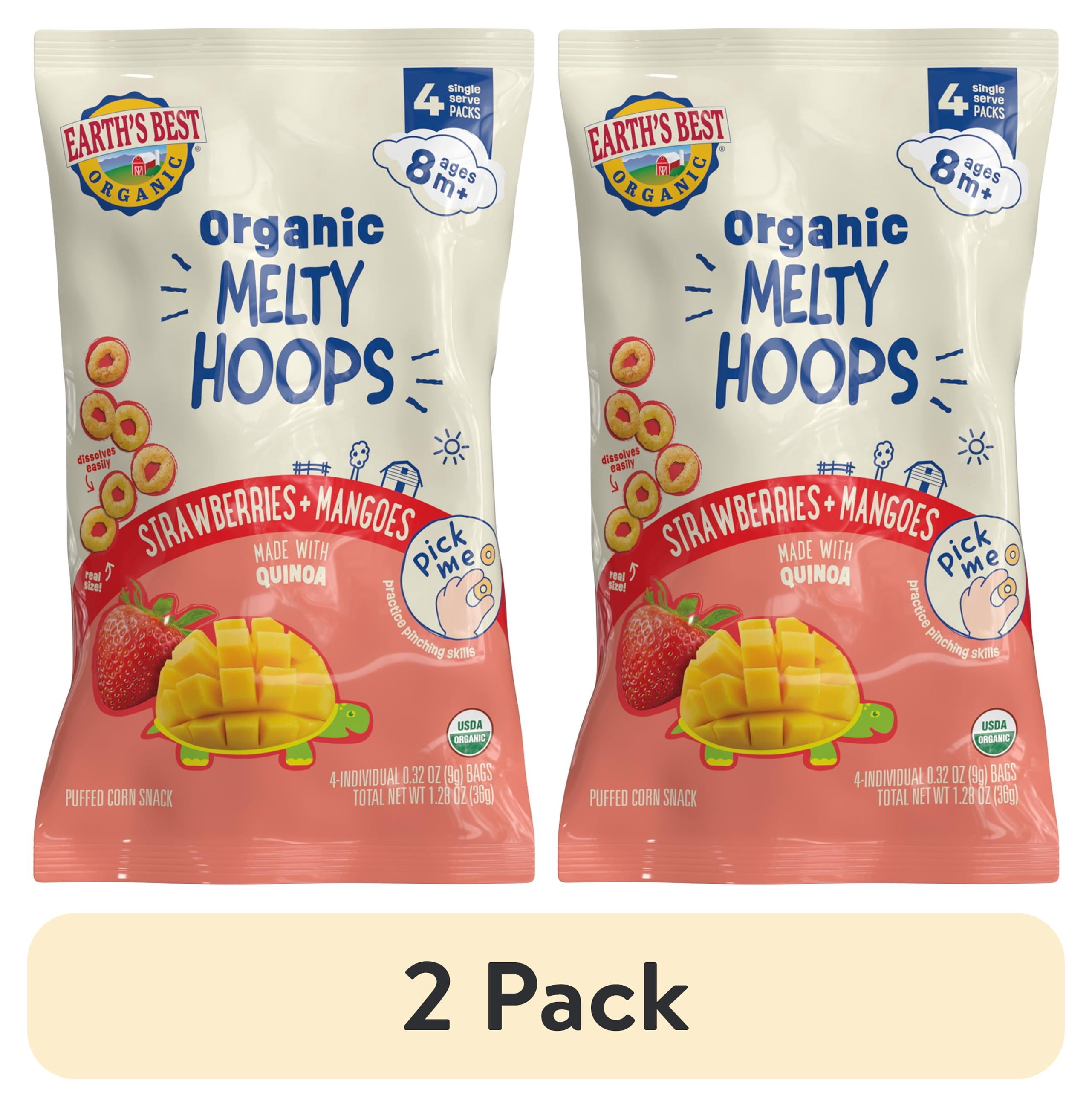 (2 pack) Earth's Best Organic Bite-Size Melty Hoops Strawberry Mango Puffed Baby Snack, 0.32 oz Bags (4 Pack)