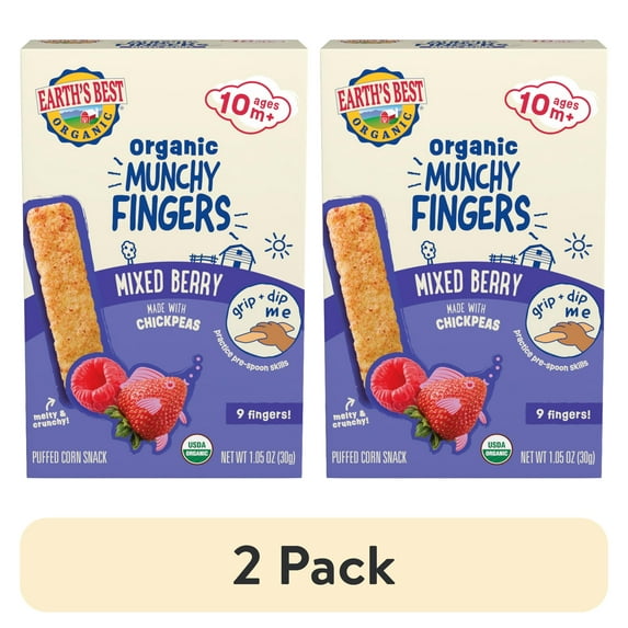 (2 pack) Earth's Best Organic Bite-Size Munchy Fingers Mixed Berry Puffed Baby Snack, 1.05 oz Box