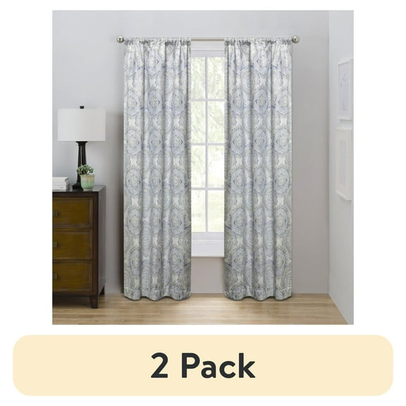 (2 pack) Eclipse Draft Stopper Room Darkening Fleece Lined Rod Pocket, Single Curtain Panel, Blue Medallion, 42" W x 84" L