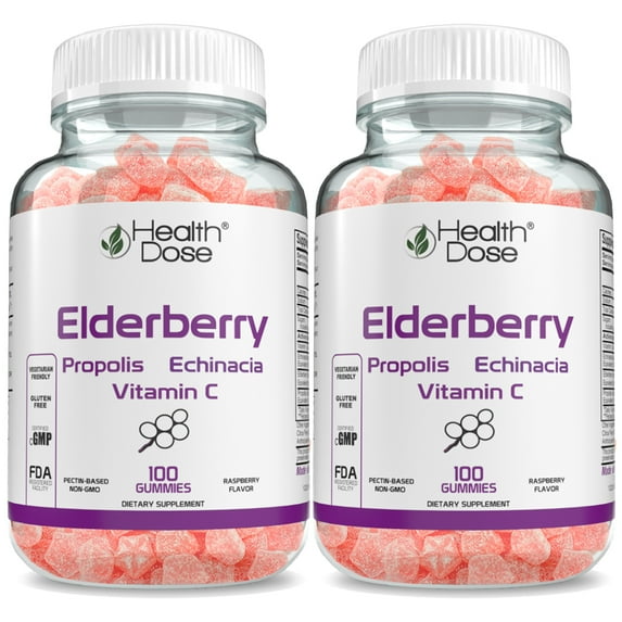 (2 pack) Elderberry Sambucus Gummy Vitamins Men & Women by Health Dose 100 Gummies. With Propolis Extract, Echinacea, Vitamin C, Delicious Raspberry Flavor, Vegan - Gluten-Free, Defense, Immune