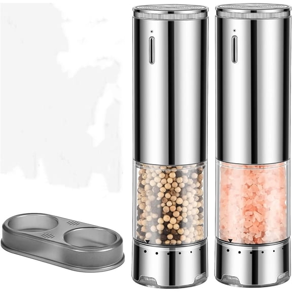 2 pack Electric Salt and Pepper Grinder Set Automatic Refillable Salt and Pepper Grinders with LED Light Pepper Grinder Kitchen Gadgets Adjustable Coarseness,One Handed Operation, Large Capacity
