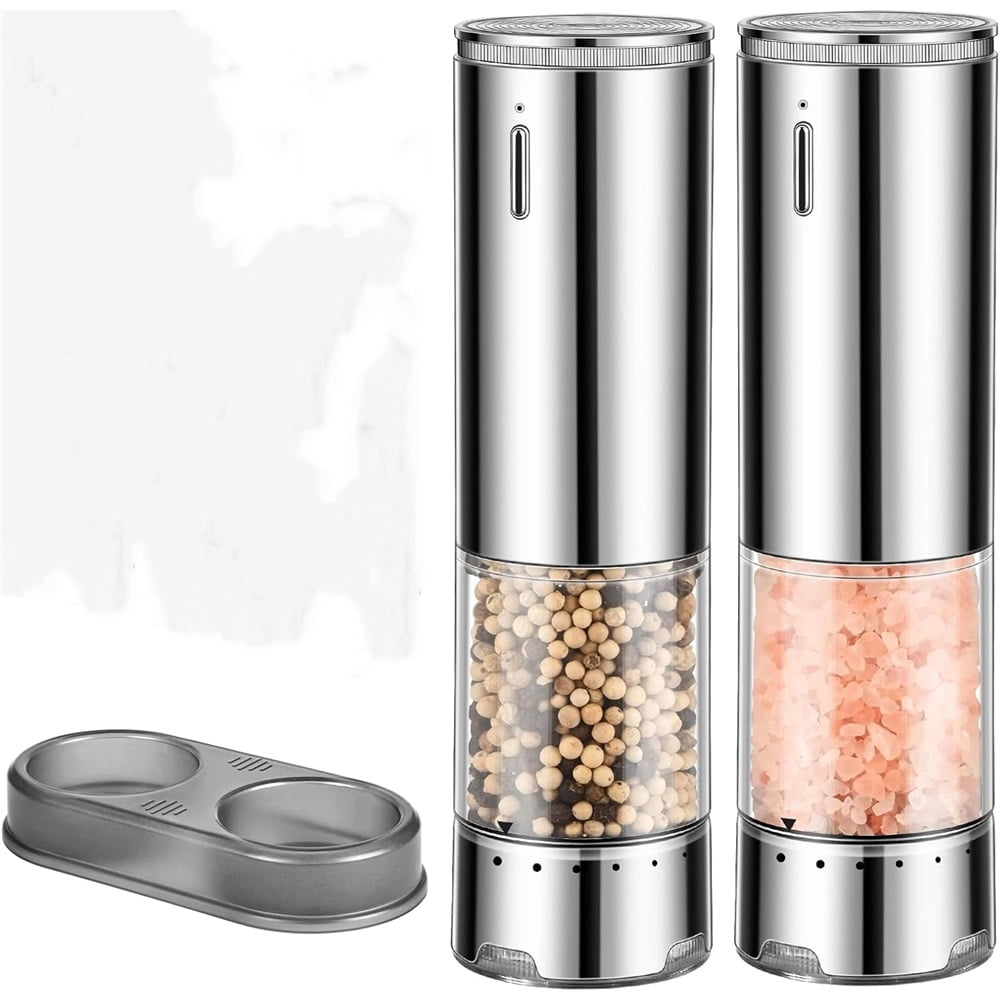 2 pack Electric Salt and Pepper Grinder Set, Rechargeable Automatic Pepper Mill Grinder with Led Light, One Hand Operation, Adjustable Coarseness, USB-C Recharging, Refillable, Silver