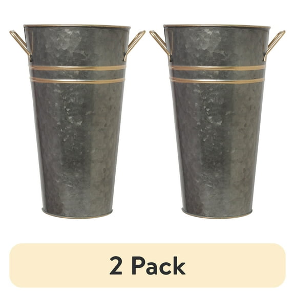 (2 pack) Elegant Expressions by Hosley Metal French Bucket with Handles, 9'', Black Zinc with Gold Trim