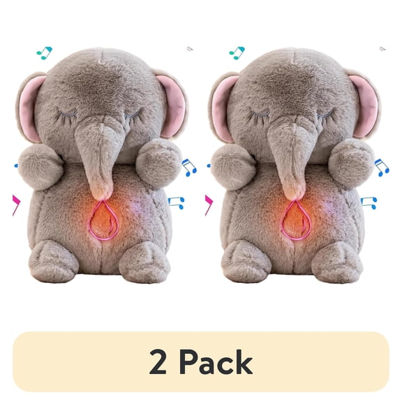 (2 pack) Elephant Breathing Stuffed Animal, Anxiety Relief Elephant Sleeping Plush with Realistic Breathing Motion Soothing Music Lights Portable Plushies (Batteries to Be Provided by The User)