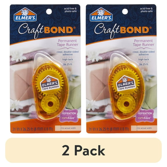 (2 pack) Elmer’s CraftBond Permanent Tape Runner, Clear, Double Sided, 26.25-Feet