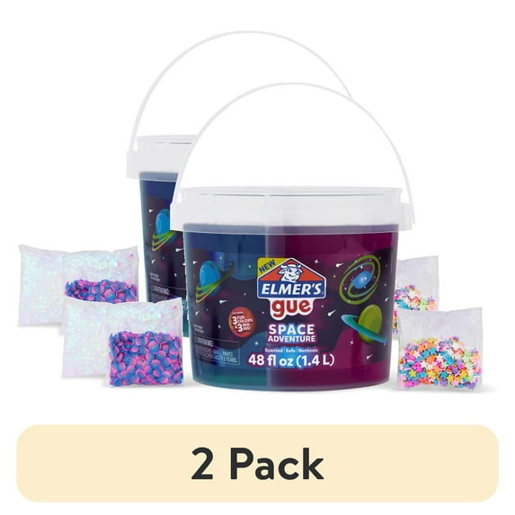 (2 pack) Elmer’s Gue Premade Slime Bucket, Space Adventure Theme, 3 lb. Bucket with 3 Types of Slime and 3 Sets of Add-Ins, Multi Color