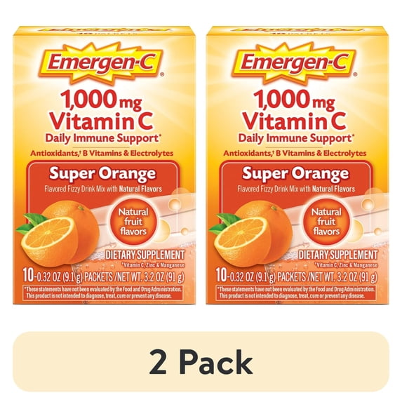 (2 pack) Emergen-C 1000Mg Vitamin C Powder for Immune Support Super Orange - 10 Count
