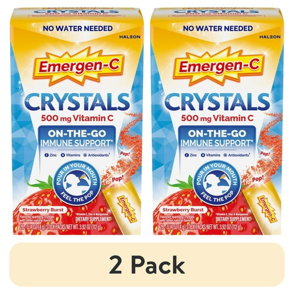 (2 pack) Emergen-C Crystals, On-The-Go Emergen-C Immune Support Supplement With Vitamin C, B Vitamins, Zinc and Manganese, Strawberry Burst - 28 Packs