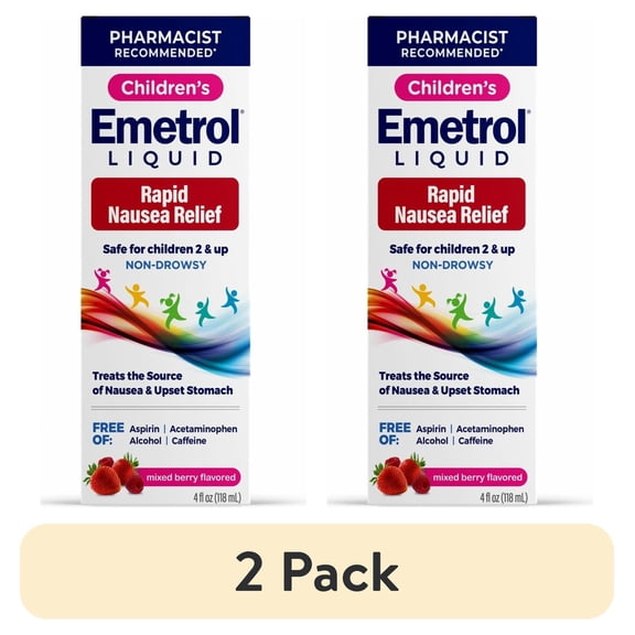 (2 pack) Emetrol Kids Nausea and Upset Stomach Relief, Liquid, Mixed Berry, 4 oz