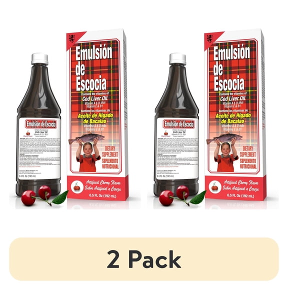 (2 pack) EMULSION DE ESCOCIA Cod Liver Oil Liquid Omega-3 Vitamins A D E B1 Immune & Bone Support Cherry Flavor Dairy-Free 1 Count 6.5 fl oz