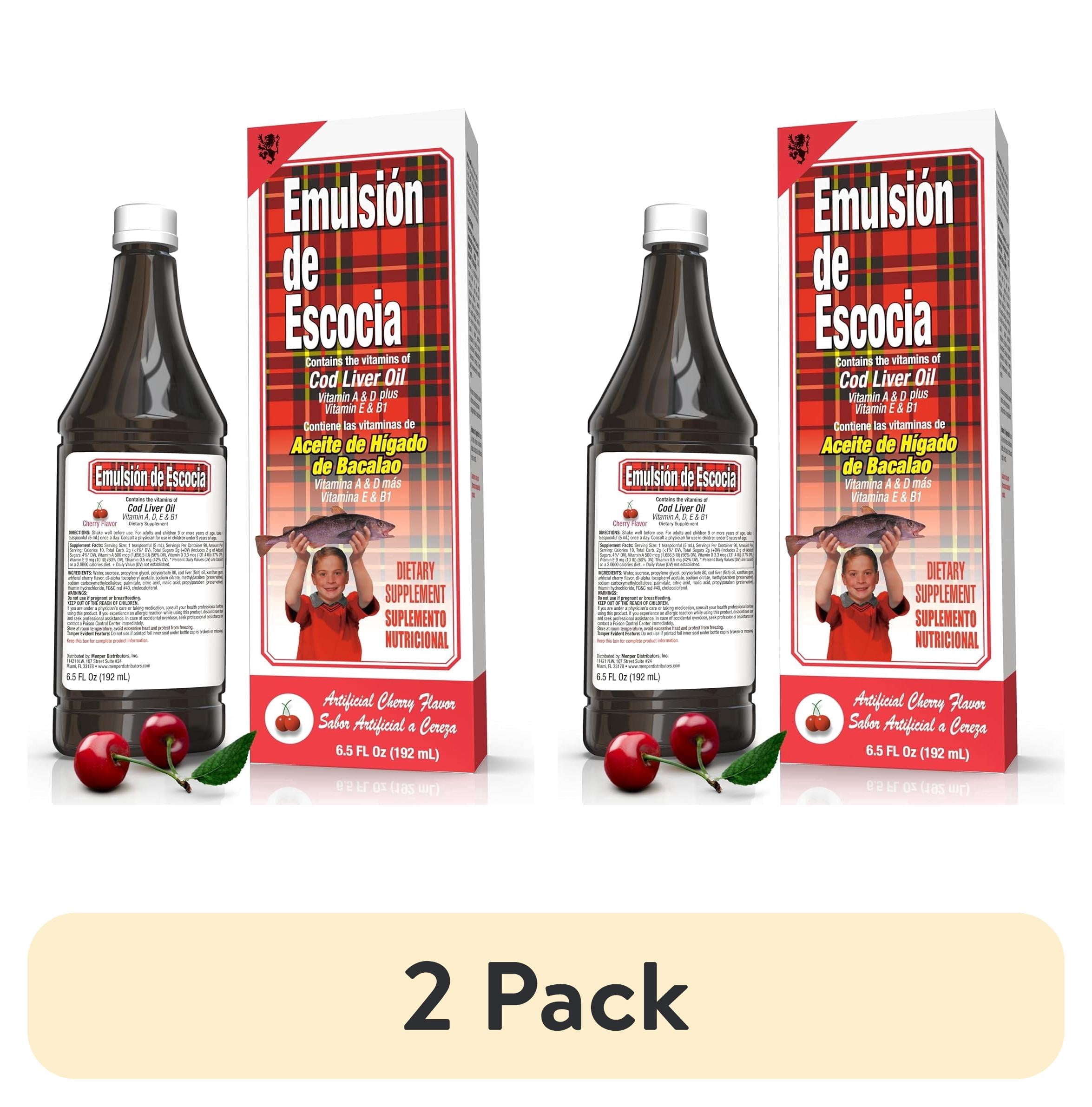 (2 pack) EMULSION DE ESCOCIA Cod Liver Oil Liquid Omega-3 Vitamins A D E B1 Immune & Bone Support Cherry Flavor Dairy-Free 1 Count 6.5 fl oz