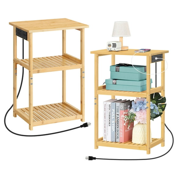 2 pack End Table with Charging Station and USB Ports 3-Tier Side Table black
