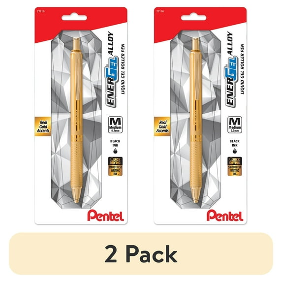(2 pack) EnerGel Alloy Gold Barrel Premium Retractable Liquid Gel Pen, 0.7mm Medium Line, Black Ink, 1 Pen