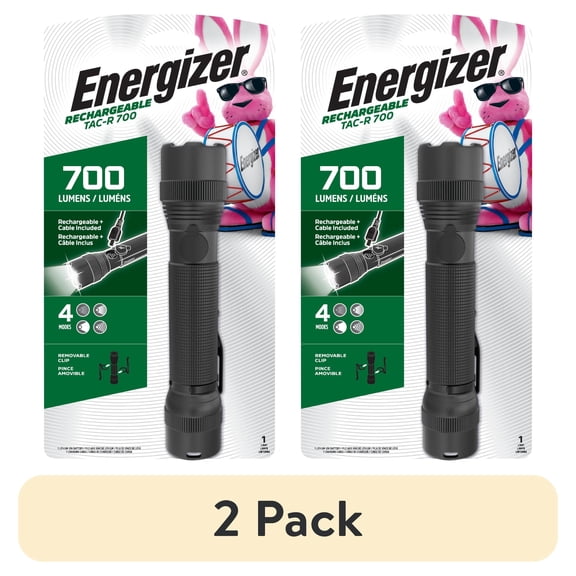 (2 pack) Energizer TAC-R 700 Rechargeable LED Flashlight, Bright 700 Lumens, Small Durable Tactical Design Torch, for Camping, EDC, Emergency, Running and Hunting, USB Charging Cable Included